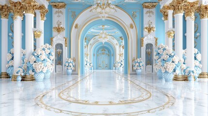 Obraz premium Elegant Blue and Gold Palace Hallway with Marble Floor and Flower Arrangements