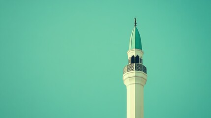 A minimalist image of a mosqueâ€™s minaret isolated against a solid green background. The towering structure is centered, highlighting simplicity and the call to prayer
