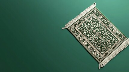 A minimalist image of a prayer rug isolated against a solid green background. The intricate patterns contrast with the bold green, emphasizing simplicity and devotion.
