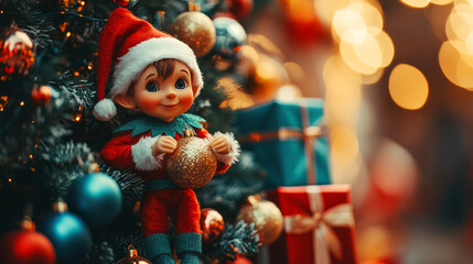 Cheerful Christmas Elf with Ornaments on Tree