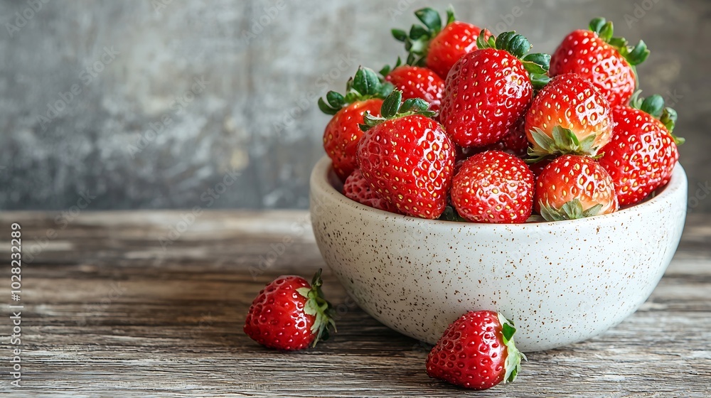 Poster fresh berries strawberry in a white ceramic bowl on a rustic background close up : generative ai