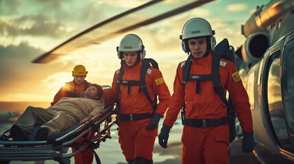 Emergency Medical Services Team in Action at Sunset. Dedicated emergency medical services team performs a rescue operation at sunset. Highlighting professionalism and teamwork in urgent situations.