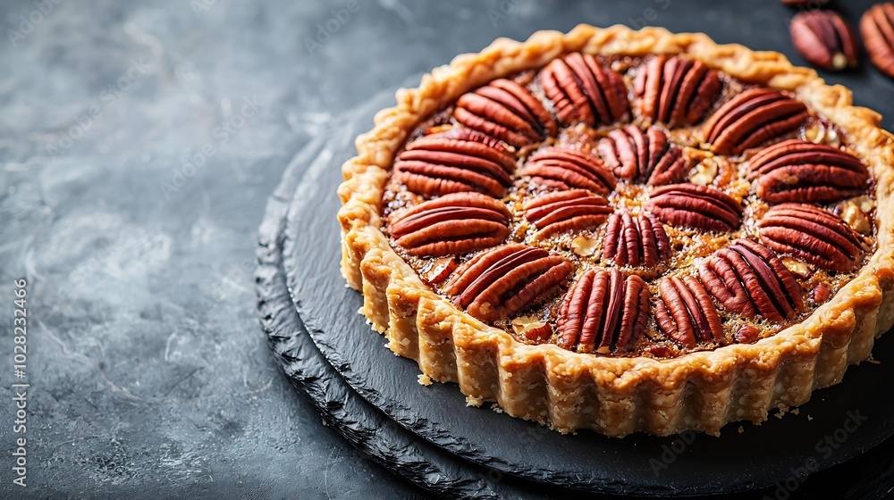 Poster pecan nut pie grey stone background copy space top view : generative ai