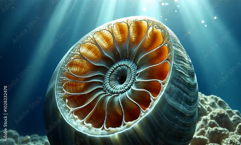 Poster a close-up of a nautilus shell showcasing its intricate internal structure.