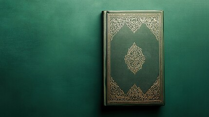 Fototapeta premium A minimalist image of the Guru Granth Sahib isolated against a solid green background. The sacred scriptureâ€™s ornate binding contrasts with the bold green, highlighting simplicity and reverence. 