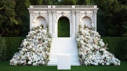 Fototapeta premium White Floral Display Podium with Archway and Greenery