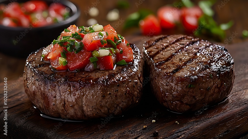 Aufkleber Beef steak well done with tomato and pepper salsa on a dark wooden background : Generative AI