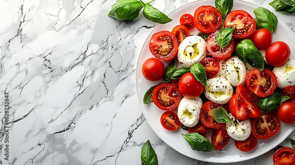 Poster caprese salad with tomatoes mozzarella cheese and basil on a white plate marble background close up 