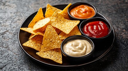 Nachos chips on a plate with sauces dip variety Grey stone background Top view Copy space : Generative AI