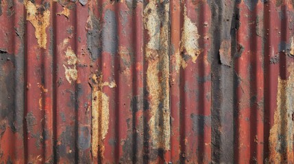Weathered corrugated metal sheet with peeling paint and rust