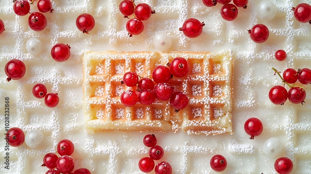 Poster belgian waffles with fresh red currant berries grey background top view : generative ai