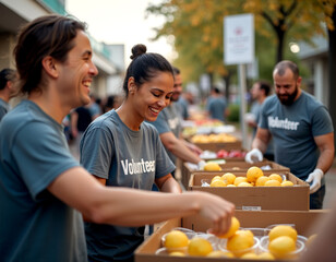 Community engagement on international volunteers day: people working together to distribute fresh produce