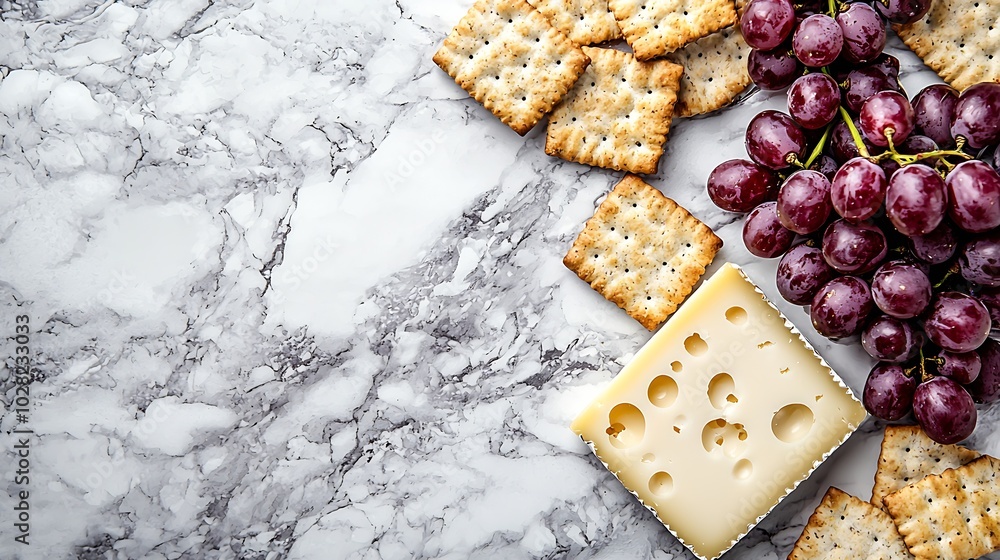 Poster Assortment of cheese grapes and crackers Marble background Top view Copy space : Generative AI