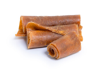 Sun Dried Mango Sheets Rolls Sticky Chewing Snack Thai Fruit isolated on white background with clipping path.