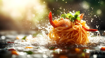 Shrimp Noodles Splashing In Water.