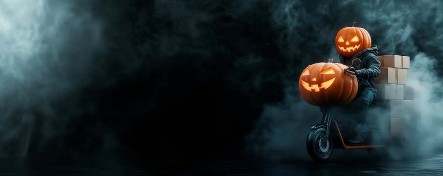 3D render of a pumpkin-headed delivery person on a scooter with a large box, riding through a dark, foggy background, Halloween dellivery concept