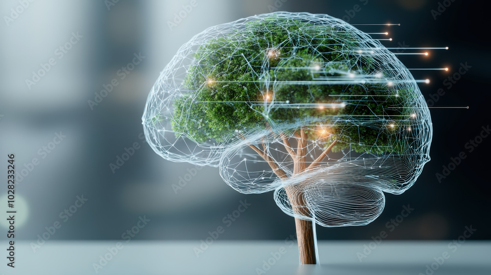 Aufkleber digital brain formed by interconnected nodes and tree symbolizes fusion of nature and technology, re