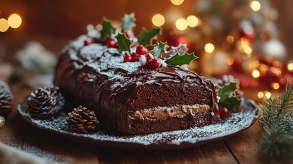 Classic Yule Log Cake Decorated for Holidays