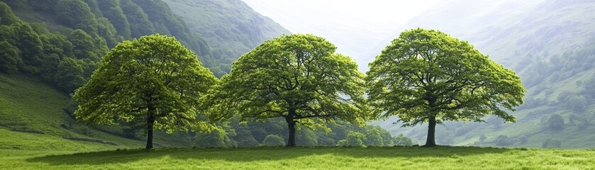 Obraz premium Tranquil countryside, three trees gracefully adorn a verdant field under blue sky