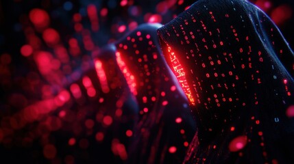 Naklejka premium Abstract digital art with red lights and patterns, dark background.