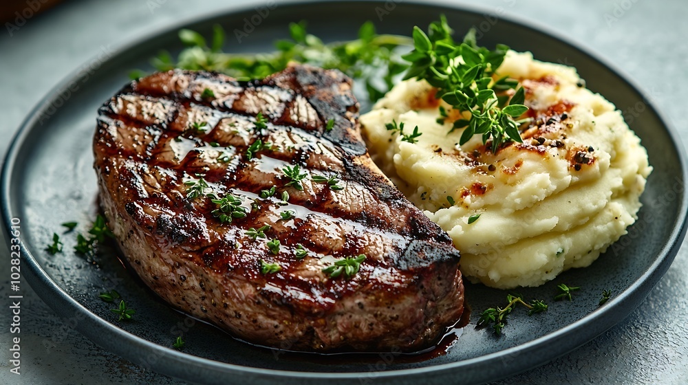 Aufkleber beefsteak with mashed potato on a plate grey background close up top view : generative ai