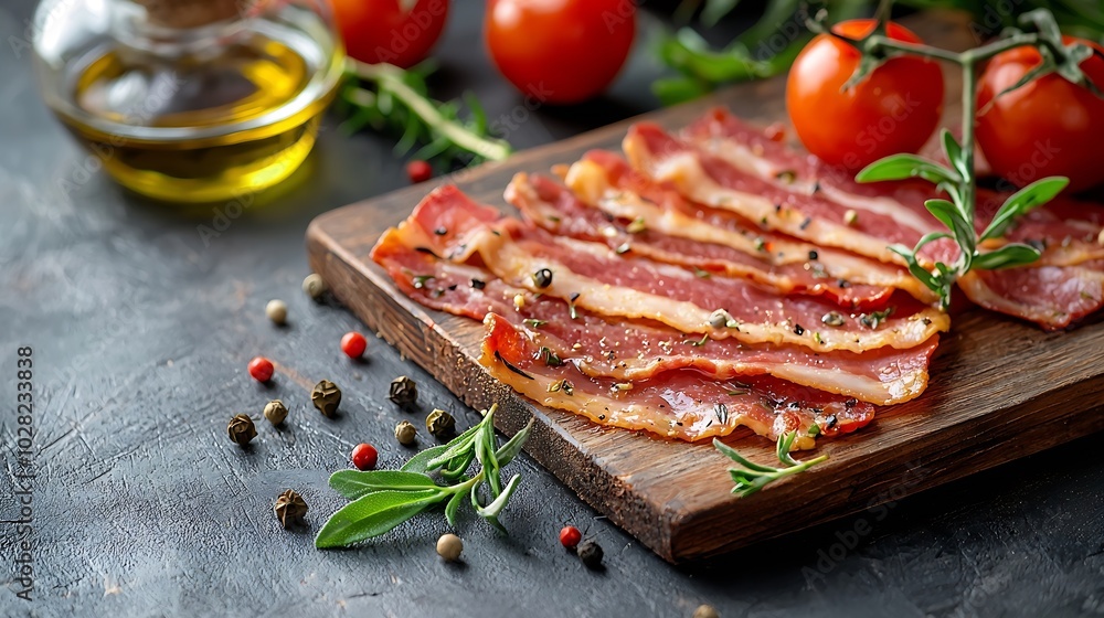 Poster raw bacon slices with herbs oil and tomatoes on wooden cutting board grey background copy space top 