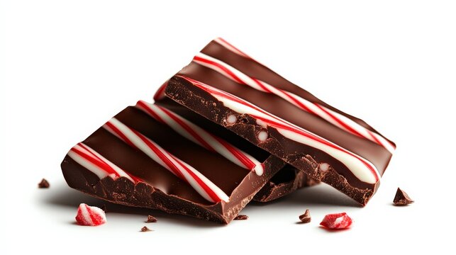 Chocolate peppermint bars with festive red and white stripes, isolated on white background.