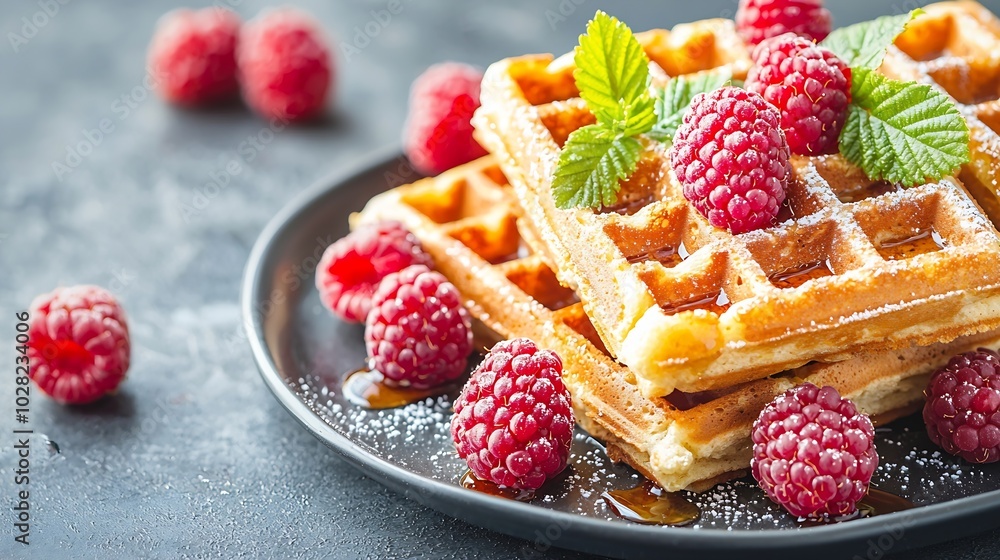 Poster Belgian waffles with maple syrup and fresh raspberry Grey background Top view : Generative AI