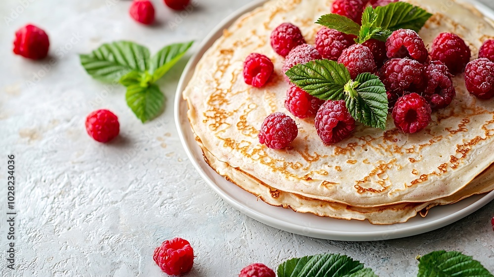 Poster crepes thin pancakes with raspberry on white plate marble background top view copy space : generativ