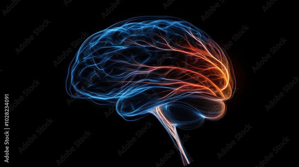 Poster dynamic brain design with vibrant motion lines and glowing elements, representing neural activity an