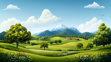 Fototapeta premium Serene Landscape with Mountains and Lush Greenery