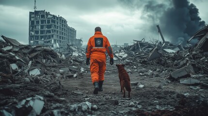 Emergency rescue worker in an orange suit walks with a dog through a devastated urban landscape, showcasing the importance of emergency services in disaster recovery efforts.