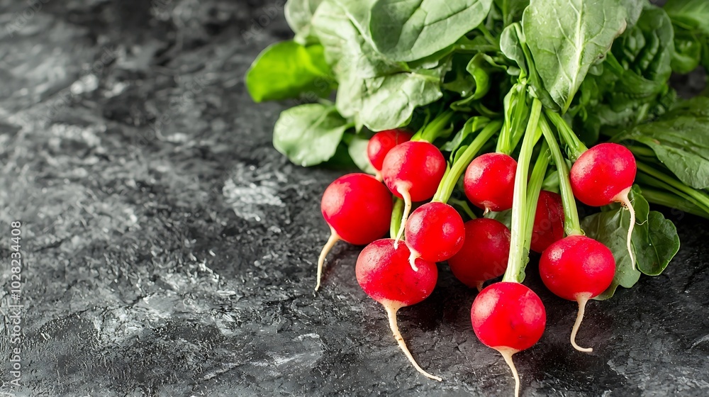 Poster radish bunch on grey stone background copy space close up : generative ai