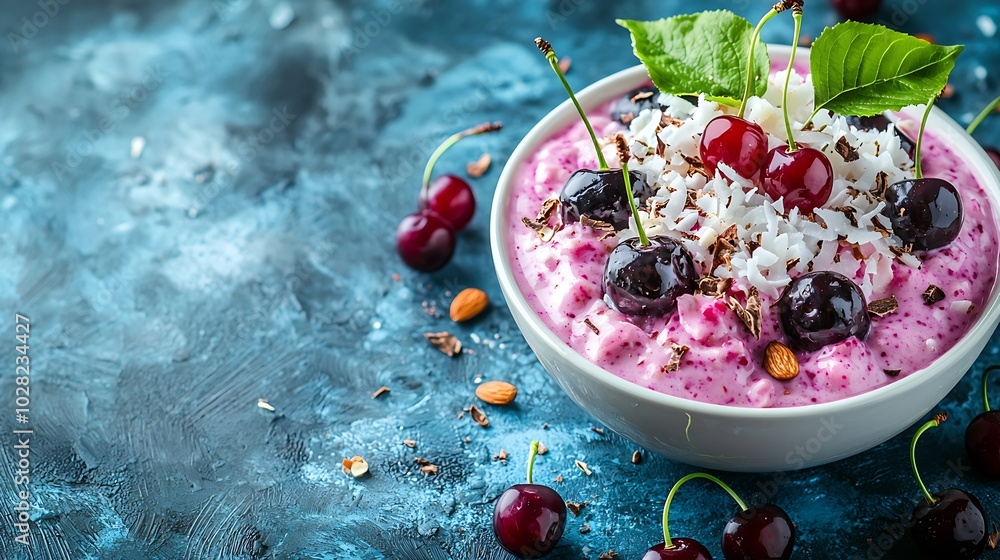 Aufkleber smoothie bowl with fresh black cherries coconut flakes almond and cocoa nibs blue stone background t
