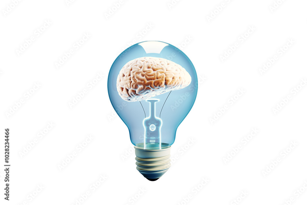 Aufkleber Lightbulb with brain inside, isolated on white background. Concept of idea. 3D Rendering.