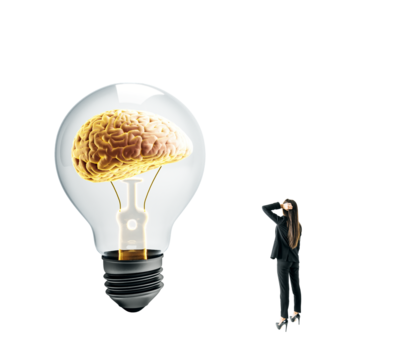 Woman looking at a lightbulb with a brain on white background