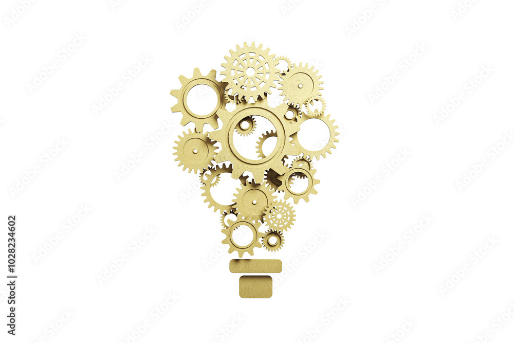 Poster gears arranged into lightbulb shape, white background, creative concept. 3d rendering