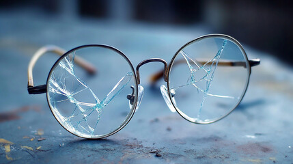 Broken glasses with one cracked lens and bent frame