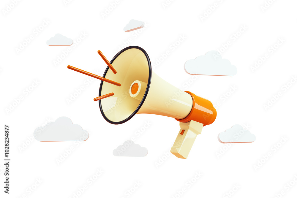 Poster megaphone with clouds on white background, concept of marketing. 3d rendering