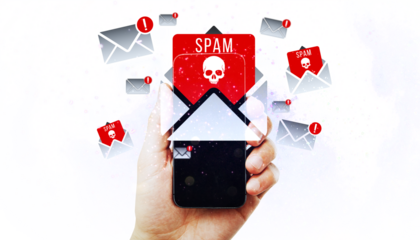Hand holding smartphone with spam icons, on white background