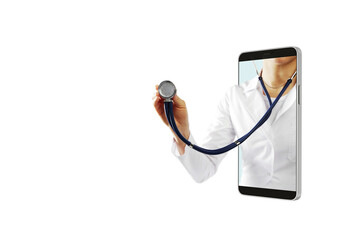 Doctor holding stethoscope through smartphone screen, white backdrop