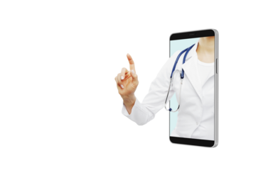 Doctor partially out of a smartphone screen on white background, concept of telemedicine