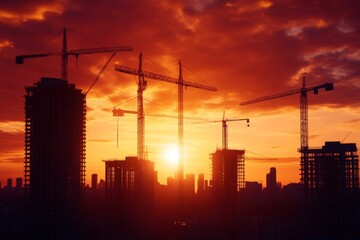 Construction cranes silhouetted against a stunning sunset sky