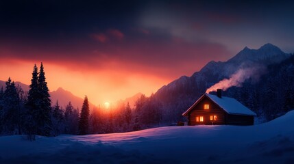 Fototapeta premium Cozy cabin in snow-covered landscape under a vibrant sunset with silhouetted mountains.