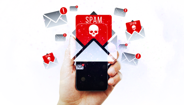 Hand holding smartphone with spam icons, on white background