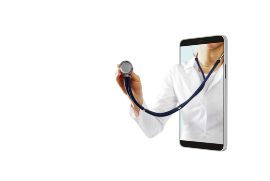 Doctor holding stethoscope through smartphone screen, white backdrop