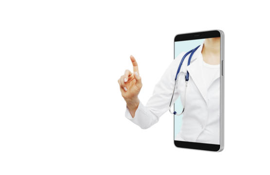 Doctor partially out of a smartphone screen on white background, concept of telemedicine