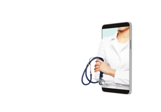 Doctor with stethoscope emerging from smartphone over white. Concept of telemedicine