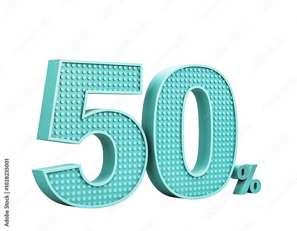 Poster 3d 50 percent sign with dots in blue, isolated on white background. 3d rendering.