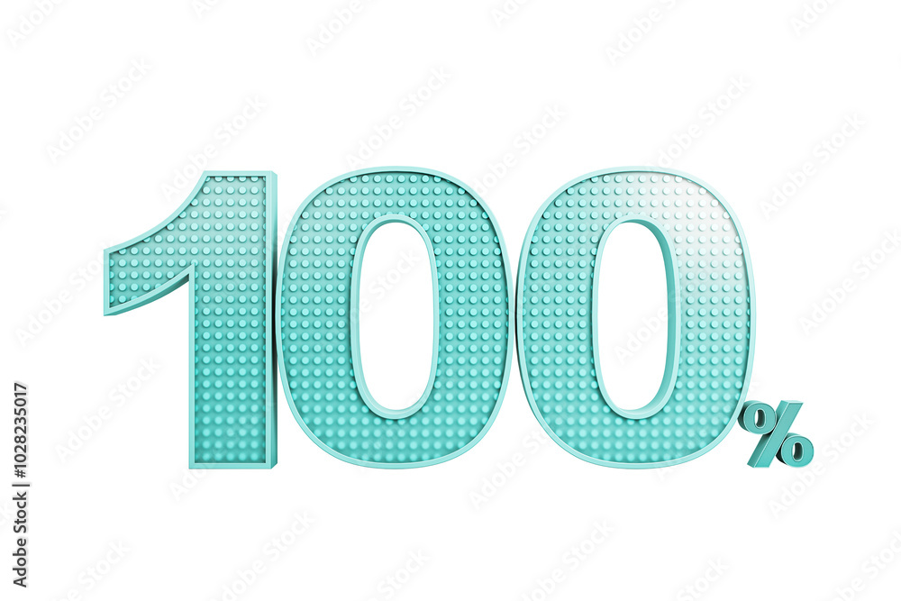 Poster teal dotted-texture 100% symbol on white background, concept of percentage. 3d rendering